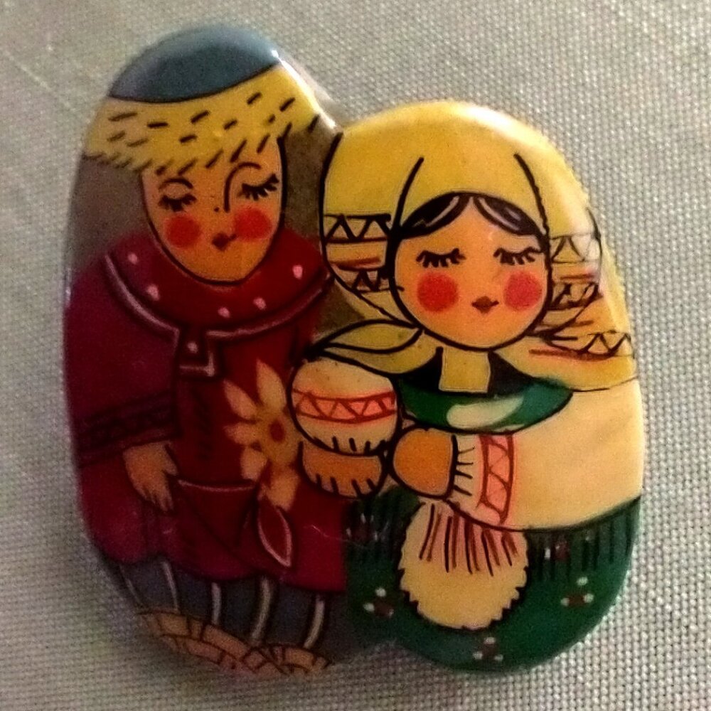 Soviet Russia Vintage Brooch Pin Lacquered Hand Painted Folk Art